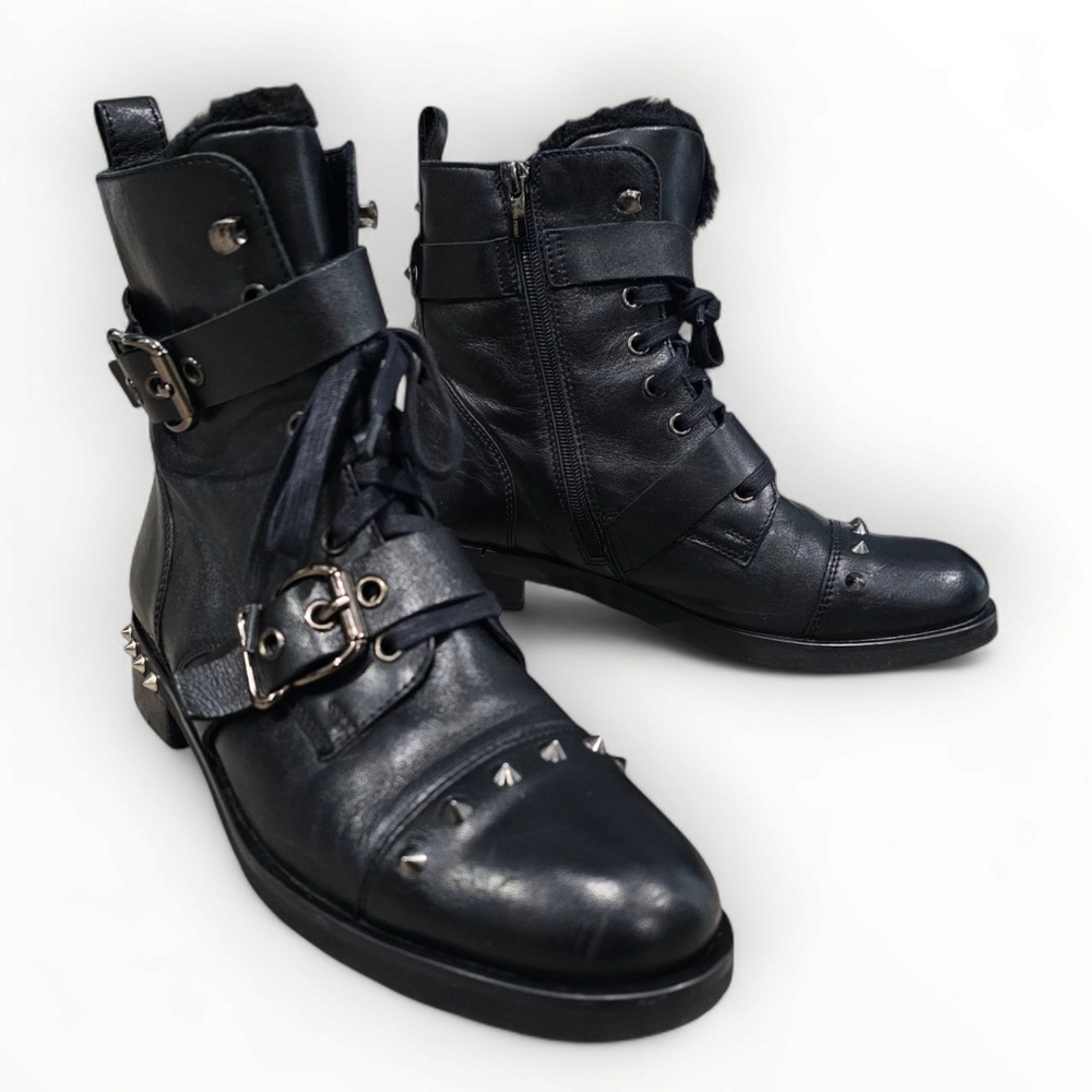 GINO ROSSI Women Black Leather Studded Punk Combat Biker Ankle Boots 38/8